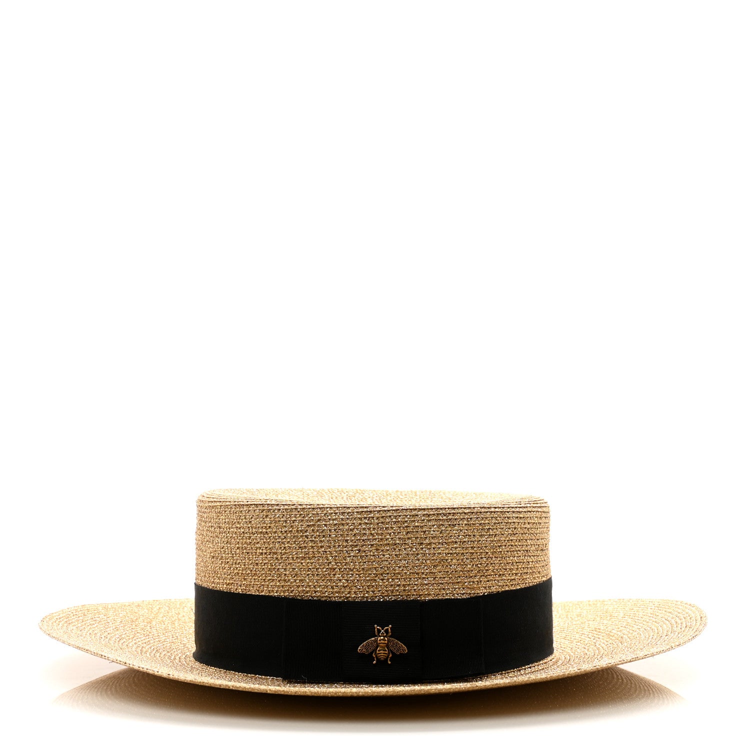 Gucci Glittered Straw Grosgrain Wide Brim Hat L Gold Black 4 of 10
