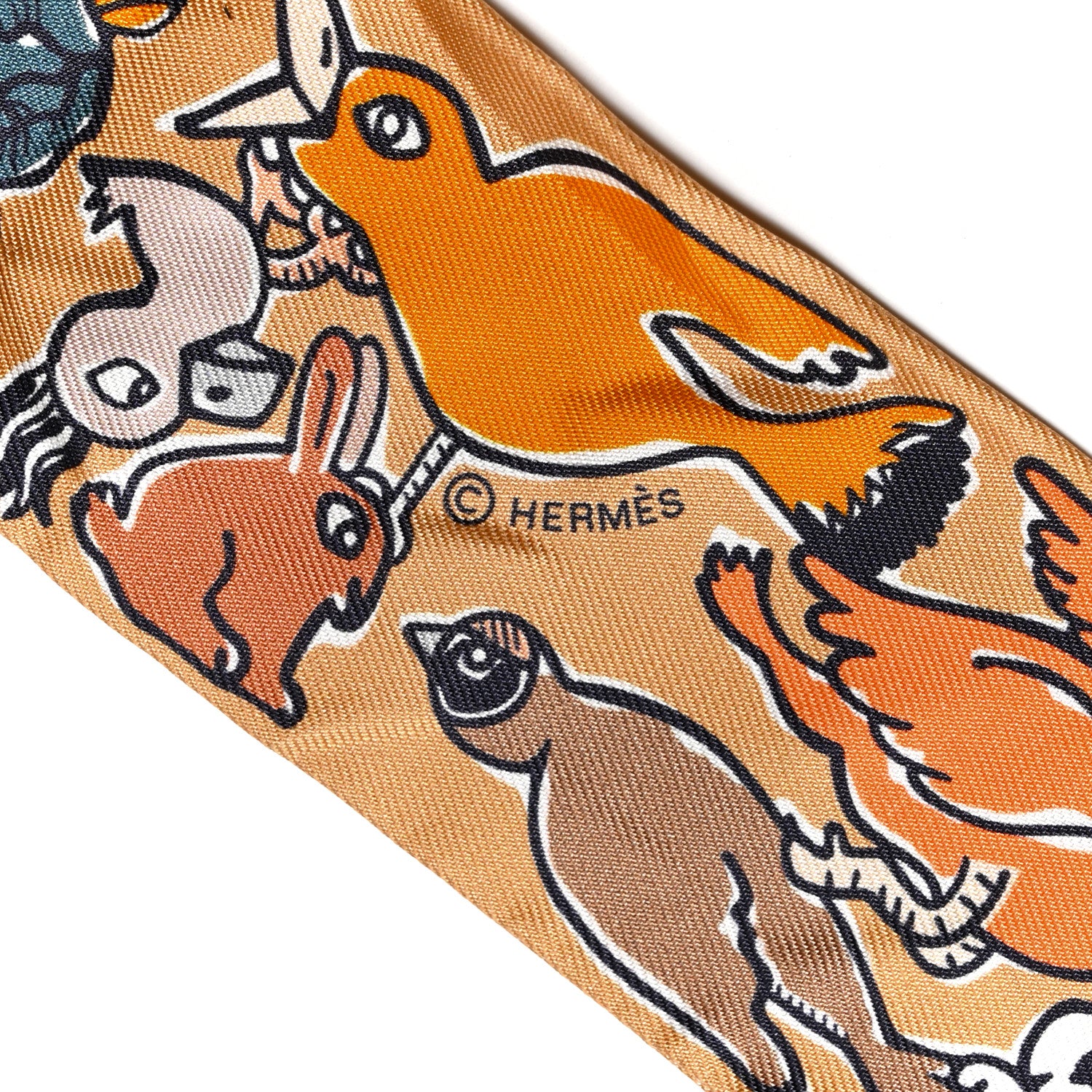 Hermes Silk Mille Et Un Lapins Twilly Beige Dore Abricot White 3 of 4