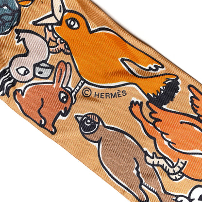 Hermes Silk Mille Et Un Lapins Twilly Beige Dore Abricot White 3 of 4