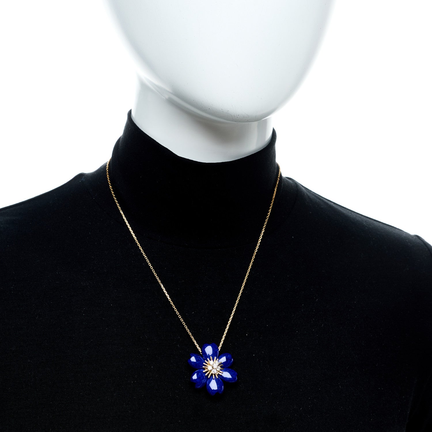 Van Cleef & Arpels 18K Yellow Gold Diamond Lapis Lazuli Small Rose De Noel Pendant Necklace 2 of 6