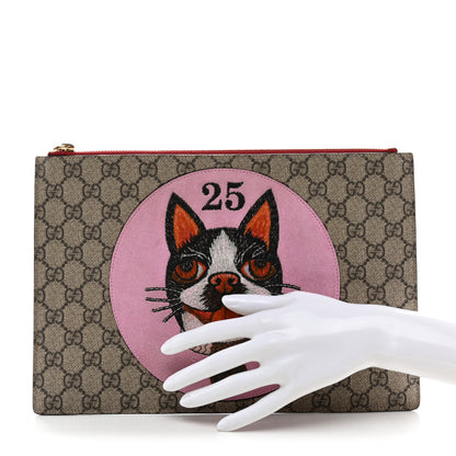 Gucci GG Supreme Monogram Bosco Patch Zip Pouch Beige Malva Hibiscus Red 2 of 9