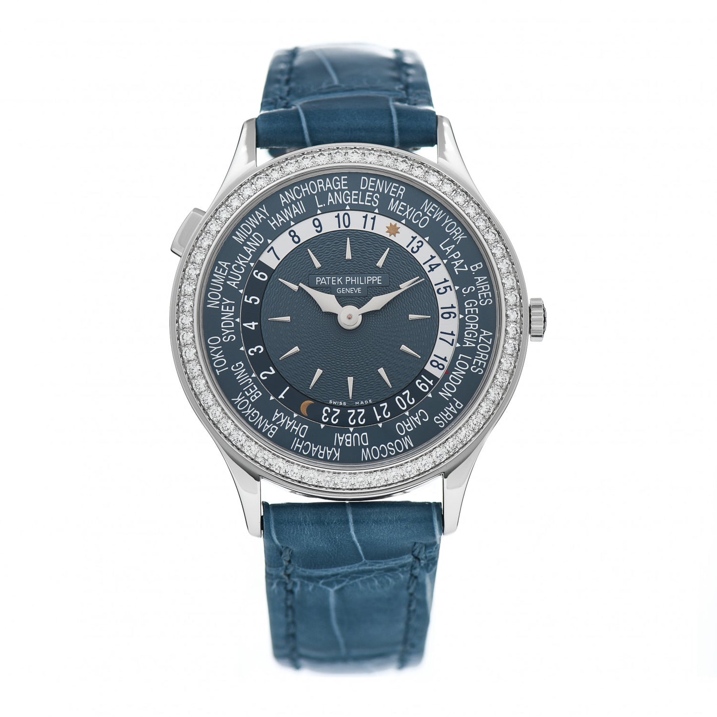 18K White Gold Alligator Diamond 36mm Complications World Time Automatic Watch Blue 7130G-016
