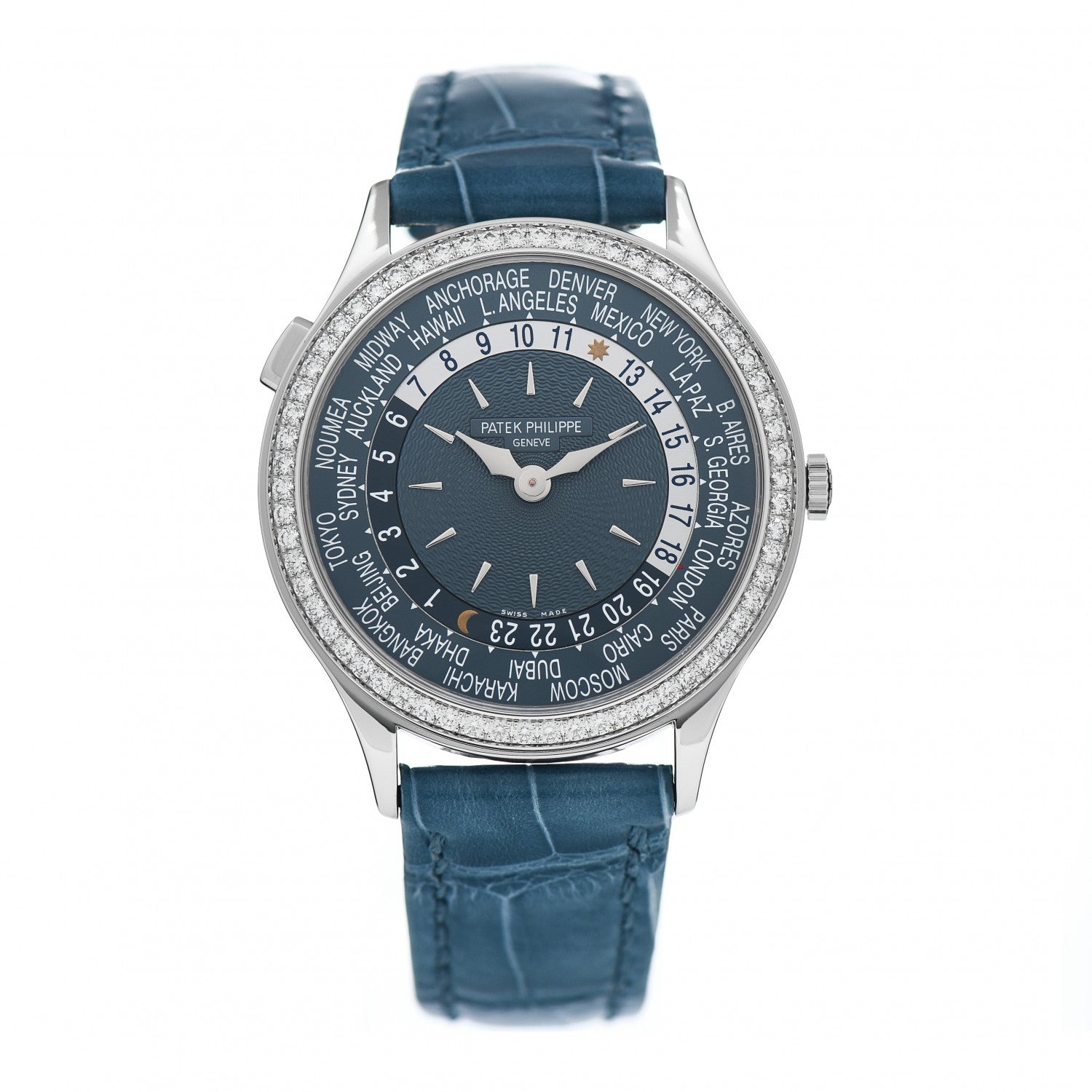 Patek Philippe 18K White Gold Alligator Diamond 36mm Complications World Time Automatic Watch Blue 7130G-016 1 of 5