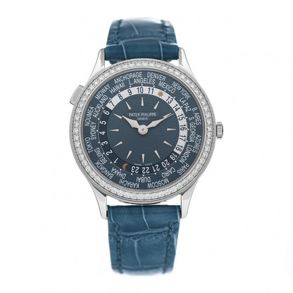 Patek Philippe 18K White Gold Alligator Diamond 36mm Complications World Time Automatic Watch Blue 7130G-016 1 of 5
