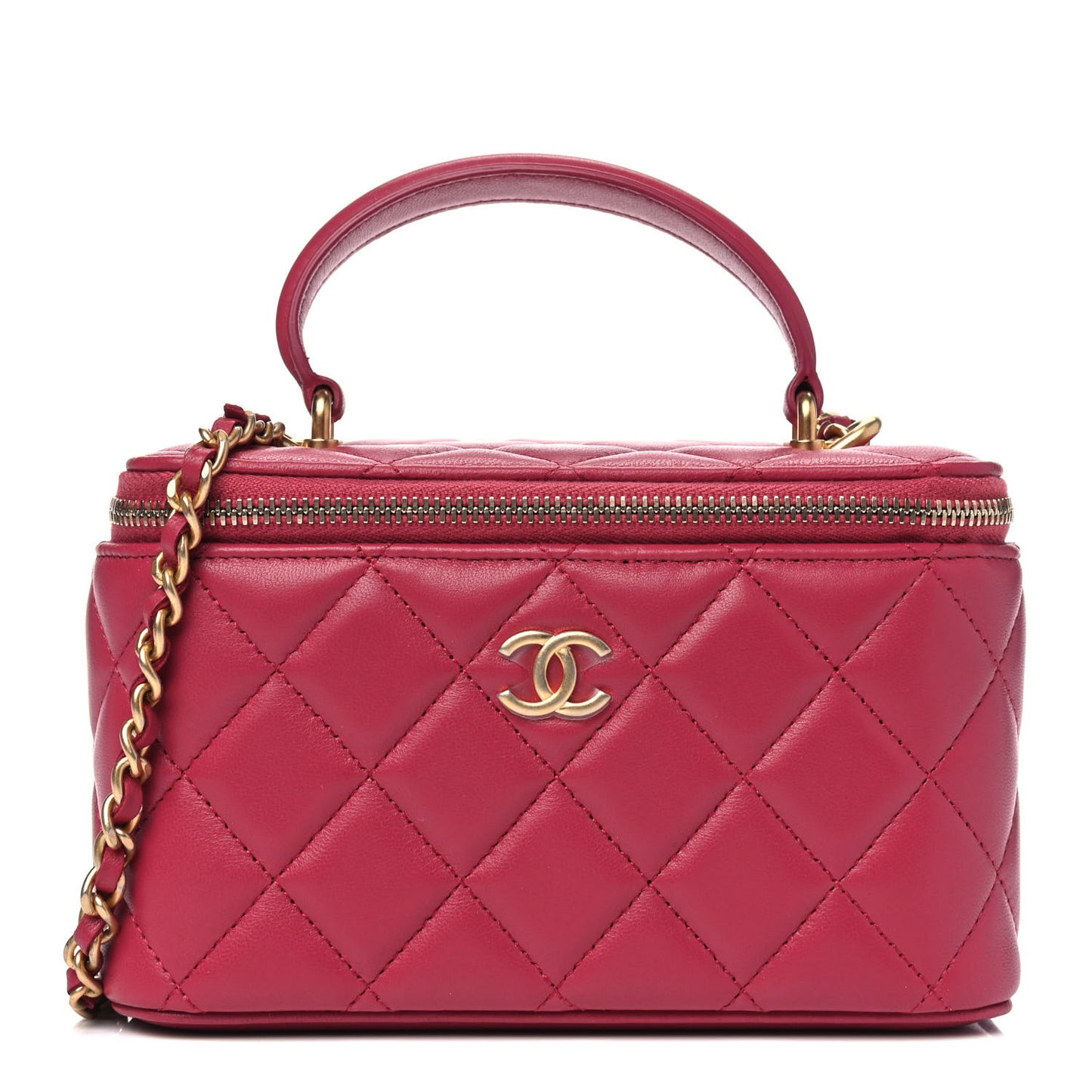 Lambskin Quilted Small Top Handle Vanity Case With Chain Dark Pink