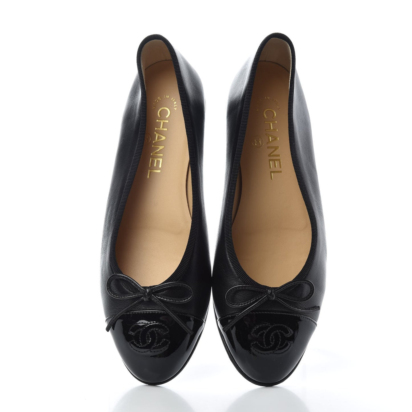 Lambskin Patent Cap Toe Ballerina Flats 37 Black