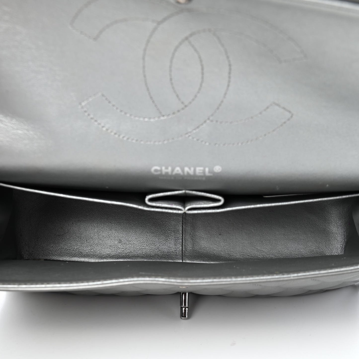 Metallic Lambskin Quilted Jumbo Double Flap Grey