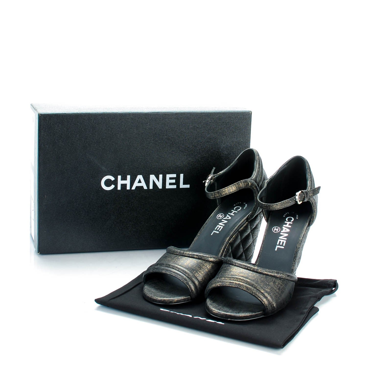 Chanel Fantasy Lambskin Quilted Wedge Sandals 38 Black Gold 8 of 8