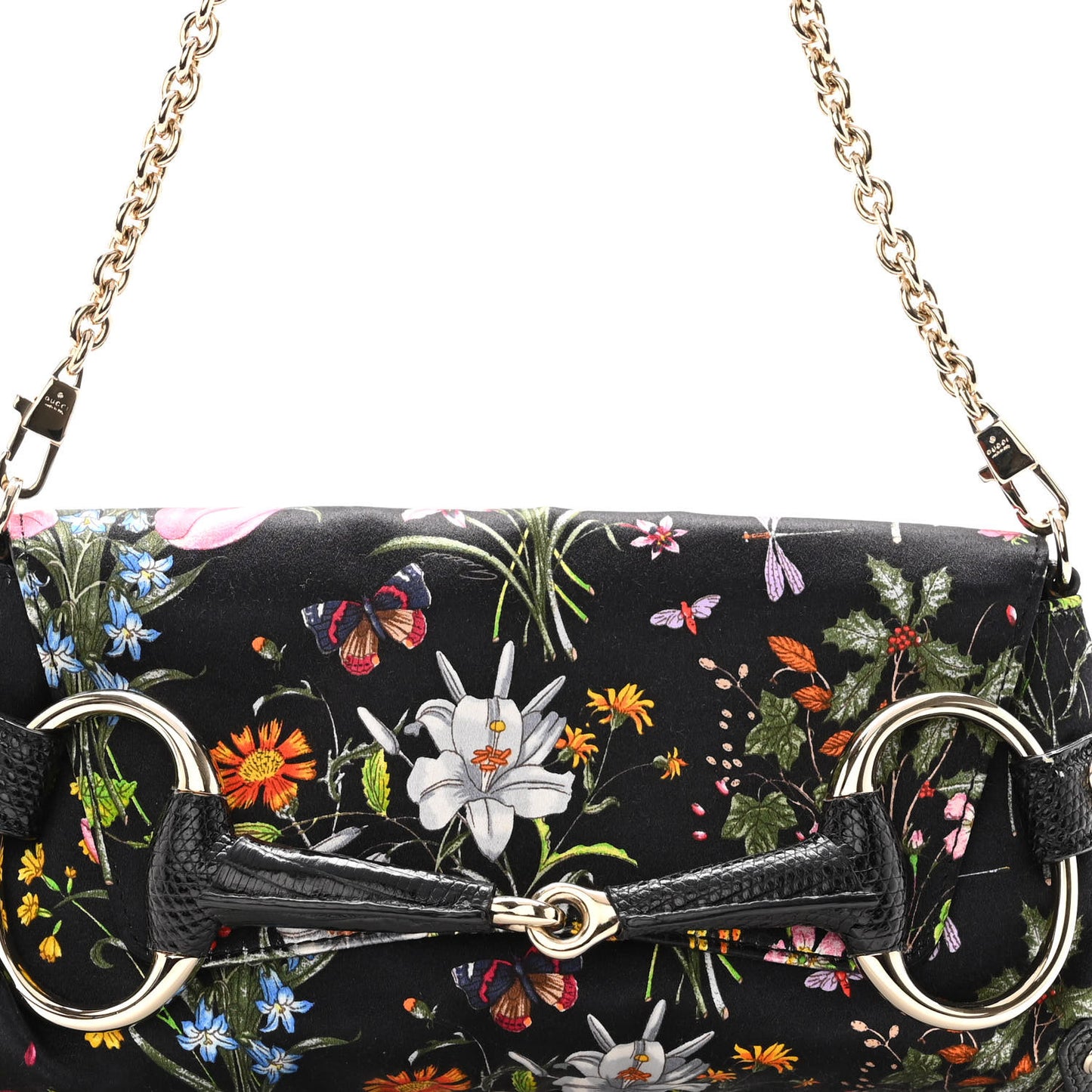 Satin Lizard Flora Floral Horsebit Clutch Black