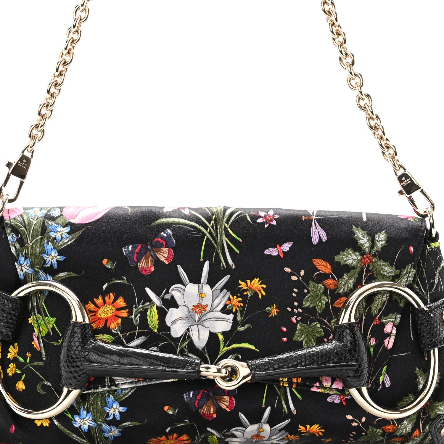 Gucci Satin Lizard Flora Floral Horsebit Clutch Black 8 of 10
