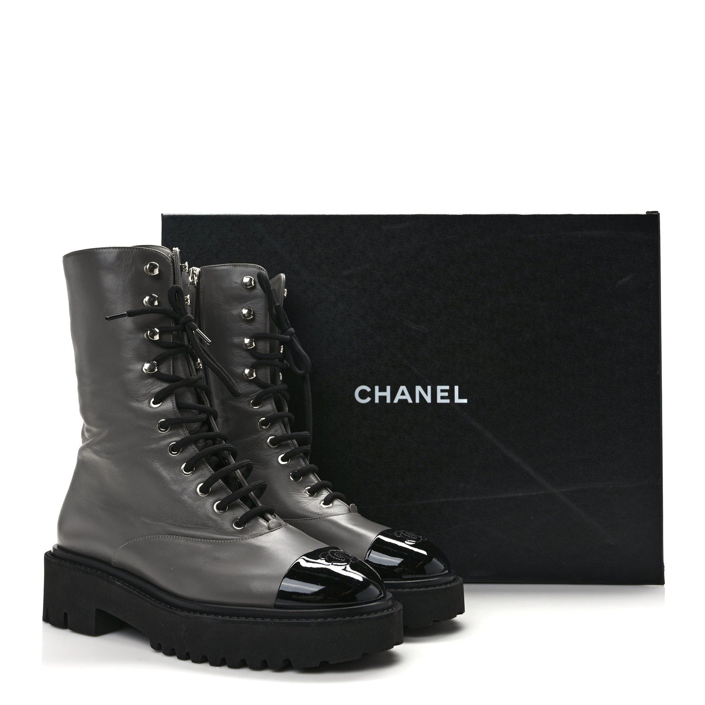 Crumpled Calfskin Patent Cap Toe Lace Up Combat Boots 40.5 Gray
