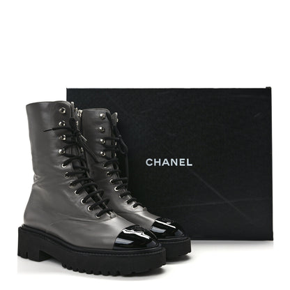 Chanel Crumpled Calfskin Patent Cap Toe Lace Up Combat Boots 40.5 Gray 10 of 10