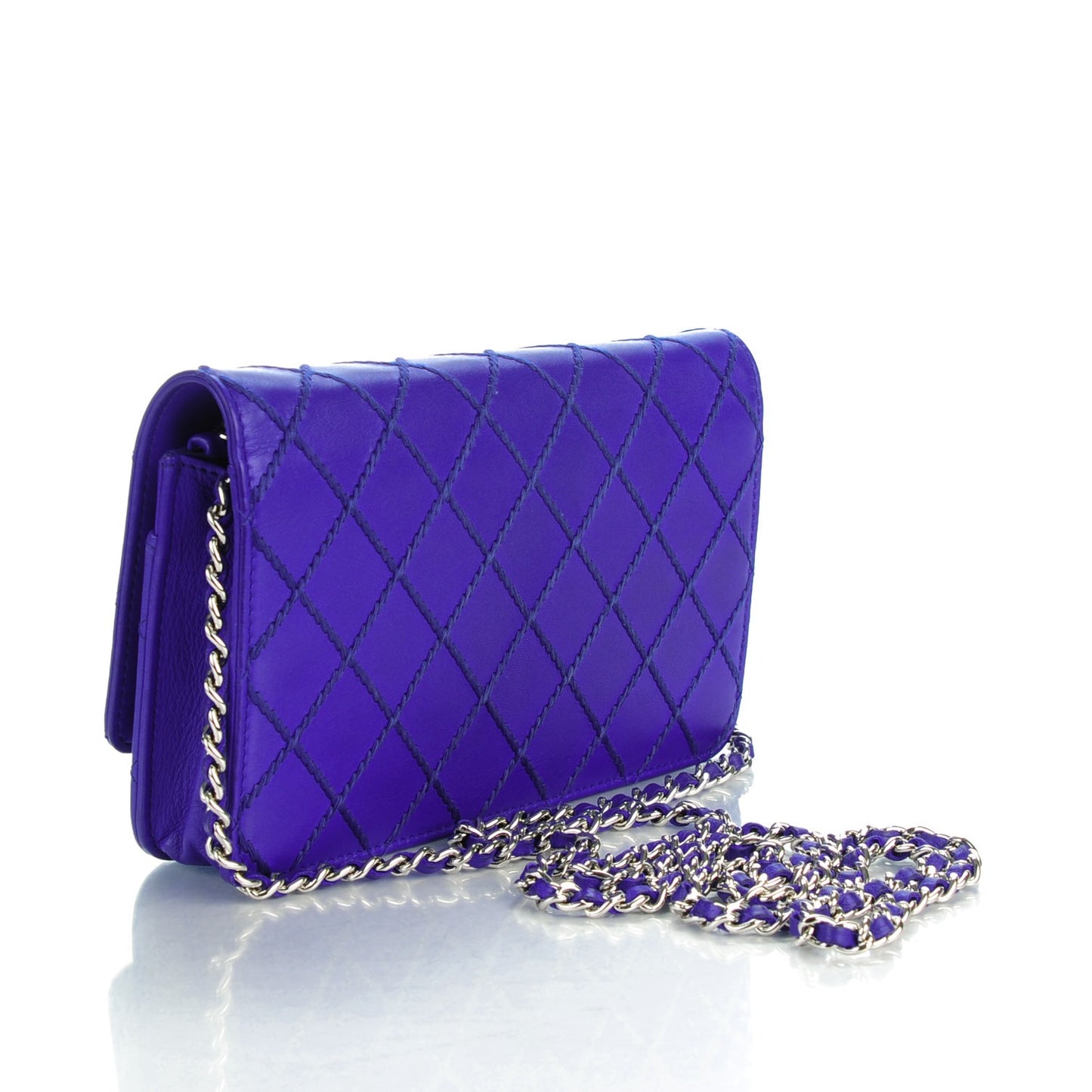 Calfskin Quilted Fancy CC Wallet On Chain WOC Blue