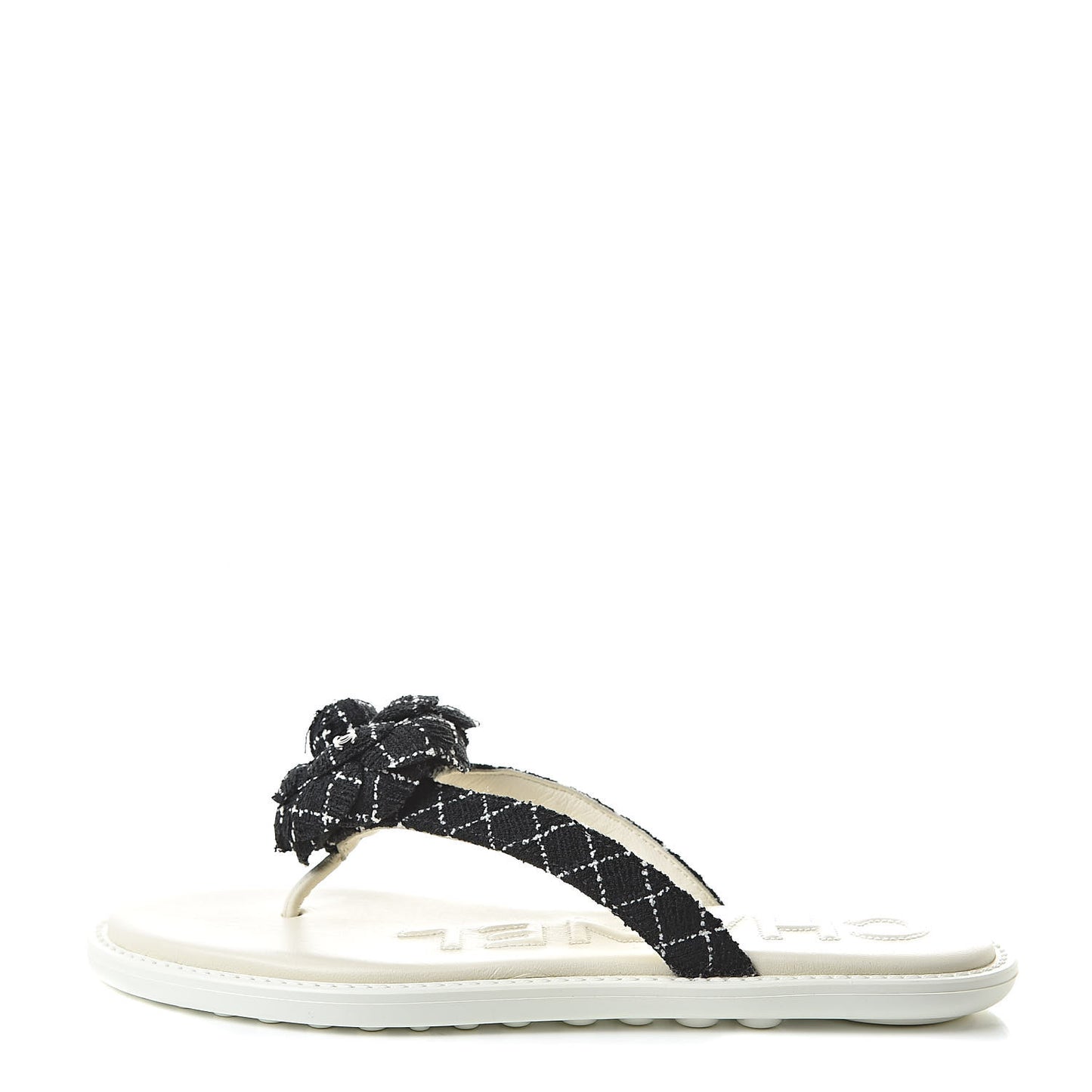 Tweed Quilted Camellia Thong Sandals 36 Black White