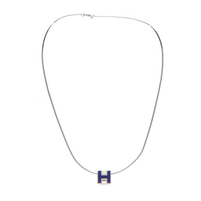 Hermes Lacquered Palladium Cage d'H Pendant Necklace Bleu 3 of 7