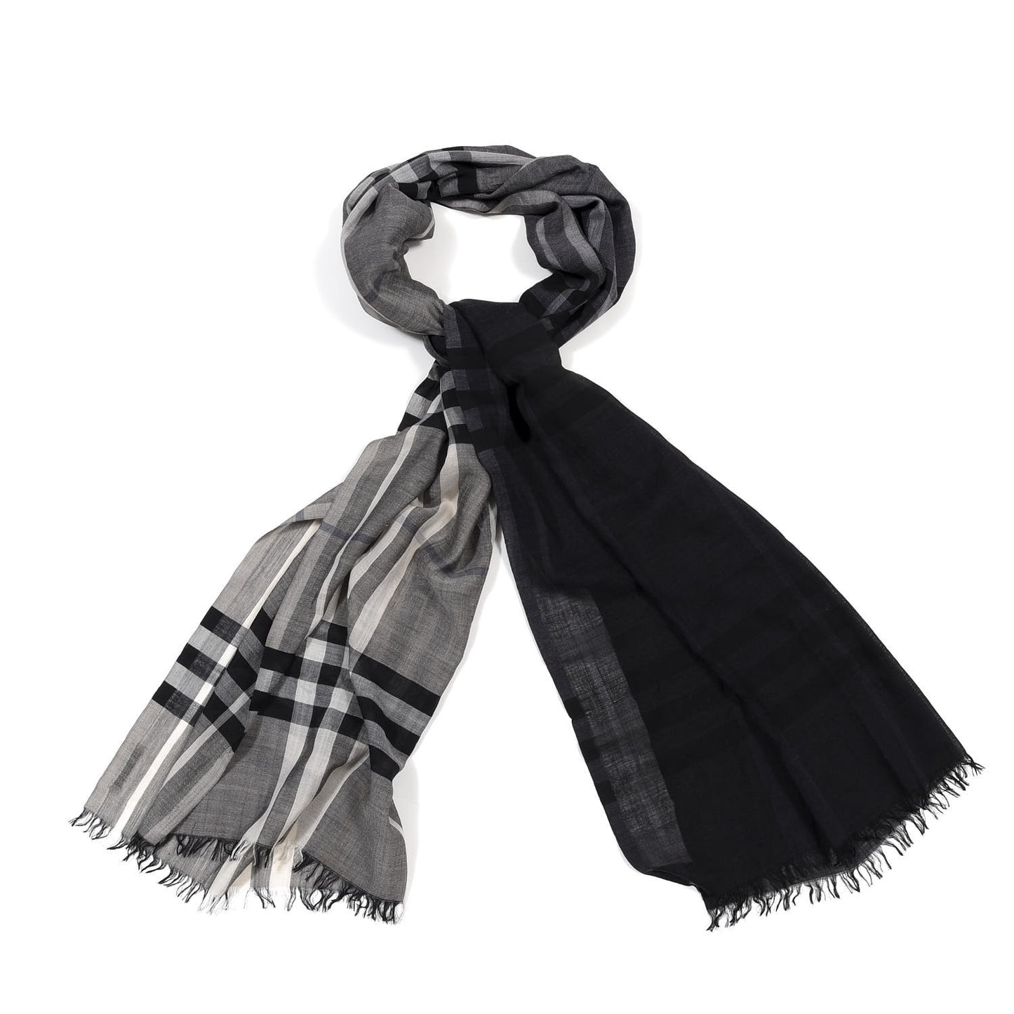 Wool Silk Ombre Gauze Giant Check Scarf Black