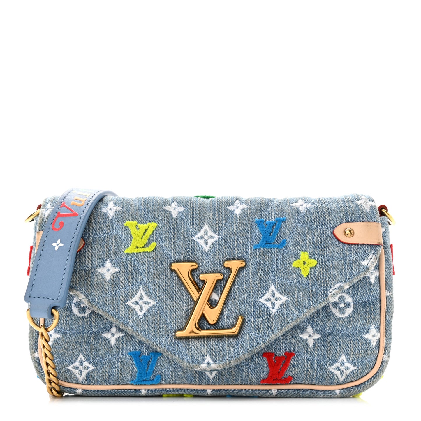 Embroidered Monogram Denim New Wave Chain Pochette Blue