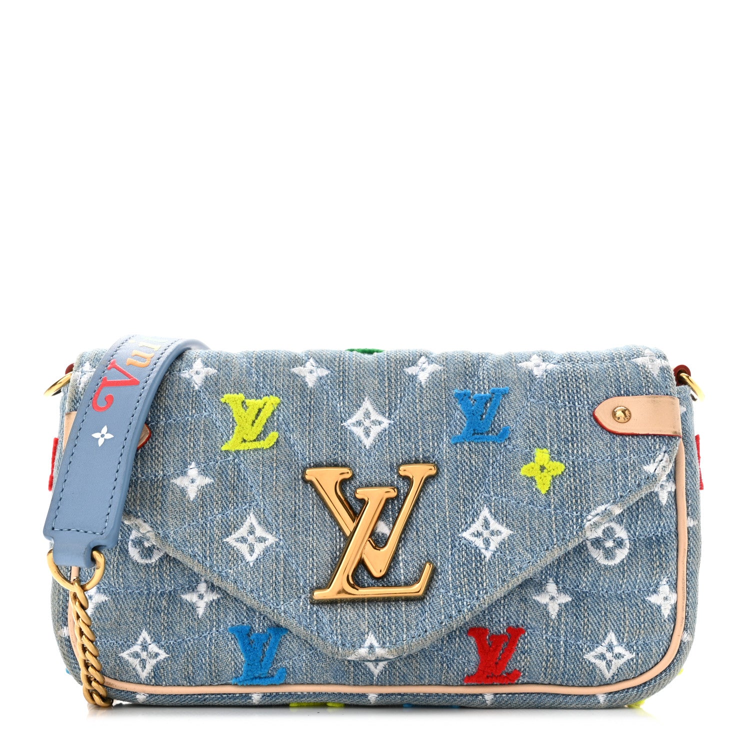 Louis Vuitton Embroidered Monogram Denim New Wave Chain Pochette Blue 1 of 10