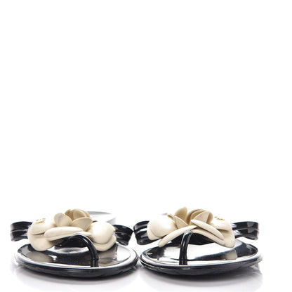 Chanel Jelly Camellia Thong Sandals 38 Black Ivory 2 of 9