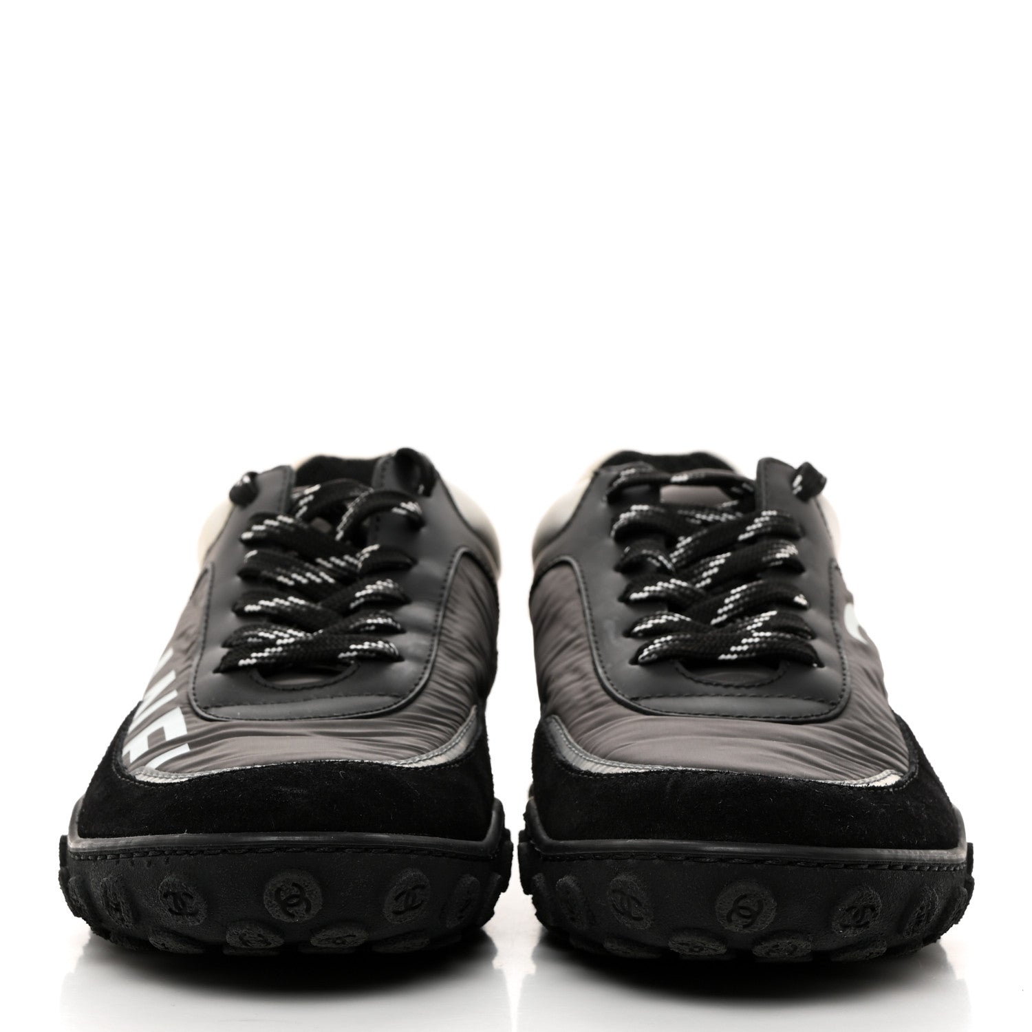 Chanel Nylon Calfskin Suede Womens CC Sneakers 37 Black Grey White 2 of 8