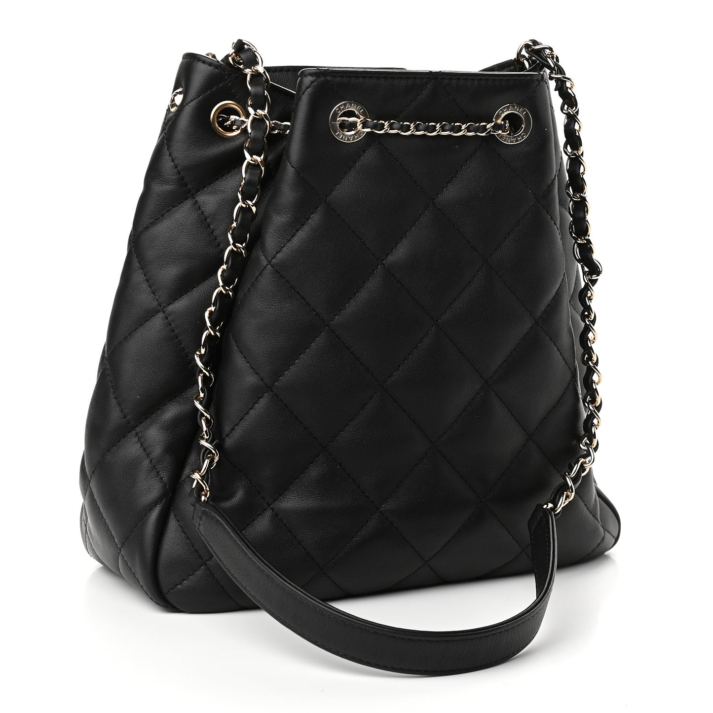 Lambskin Quilted Chain Drawstring Bag Black