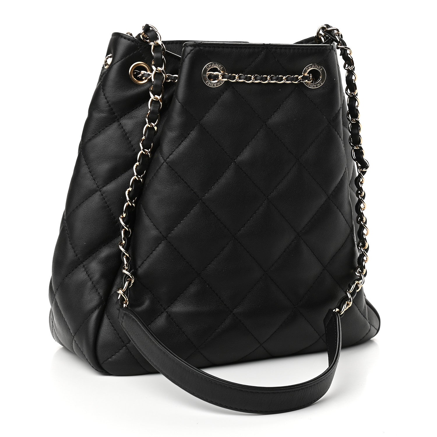 Chanel Lambskin Quilted Chain Drawstring Bag Black 3 of 10