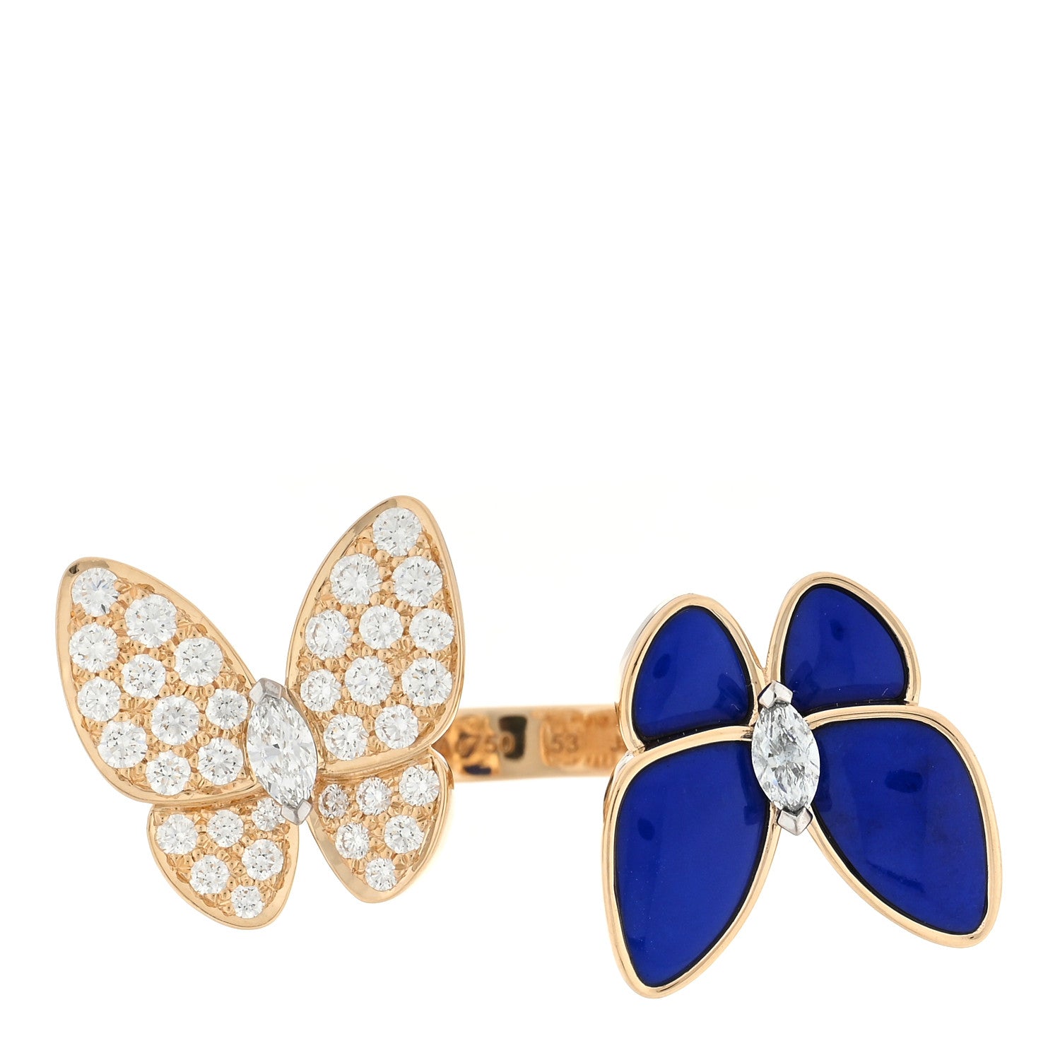 Van Cleef & Arpels 18K Yellow Gold Diamond Lapis Lazuli Two Butterfly Between The Finger Ring 53 6.5 1 of 5