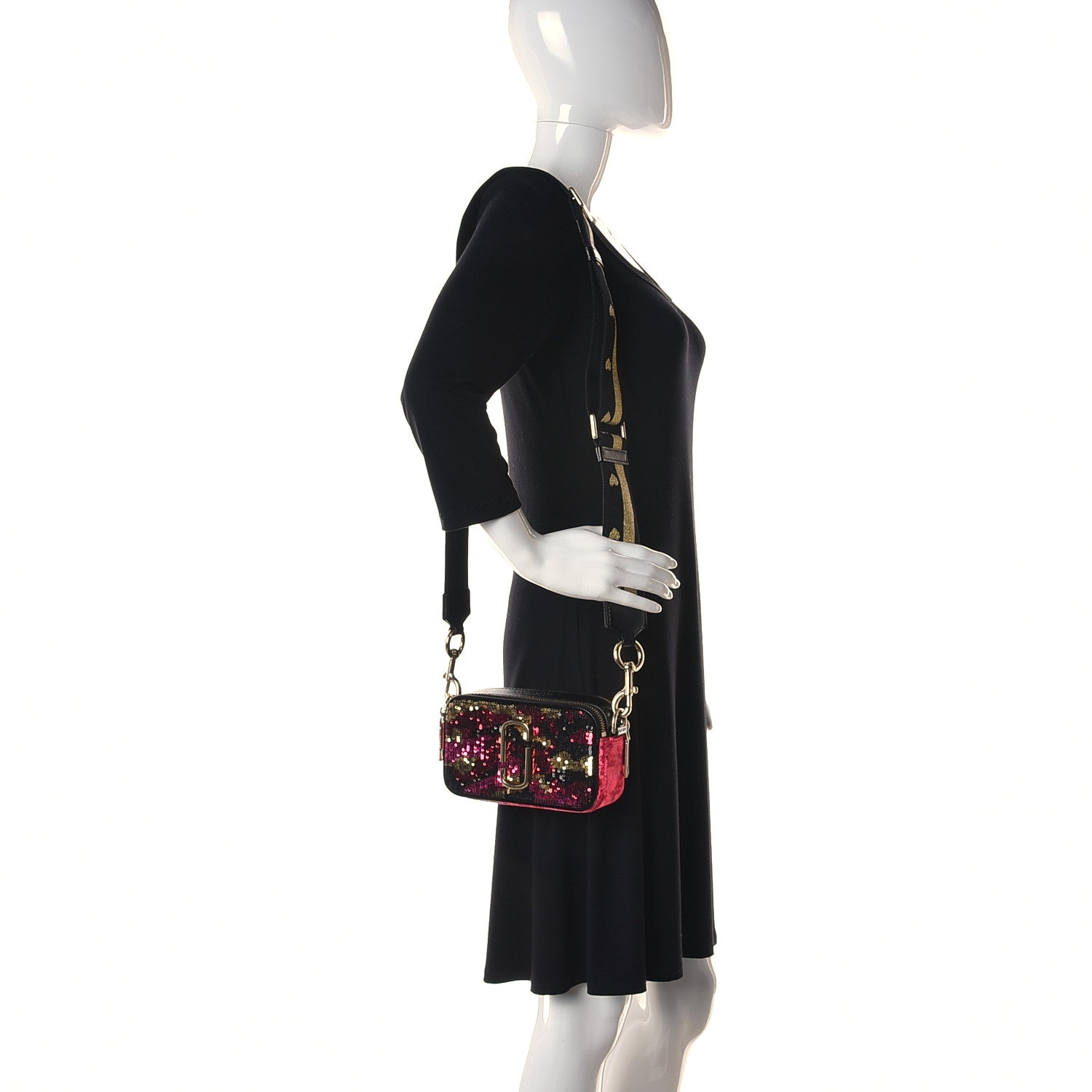 Marc Jacobs Calfskin Velvet Sequin Camouflage Snapshot Camera Bag Red Black 2 of 10