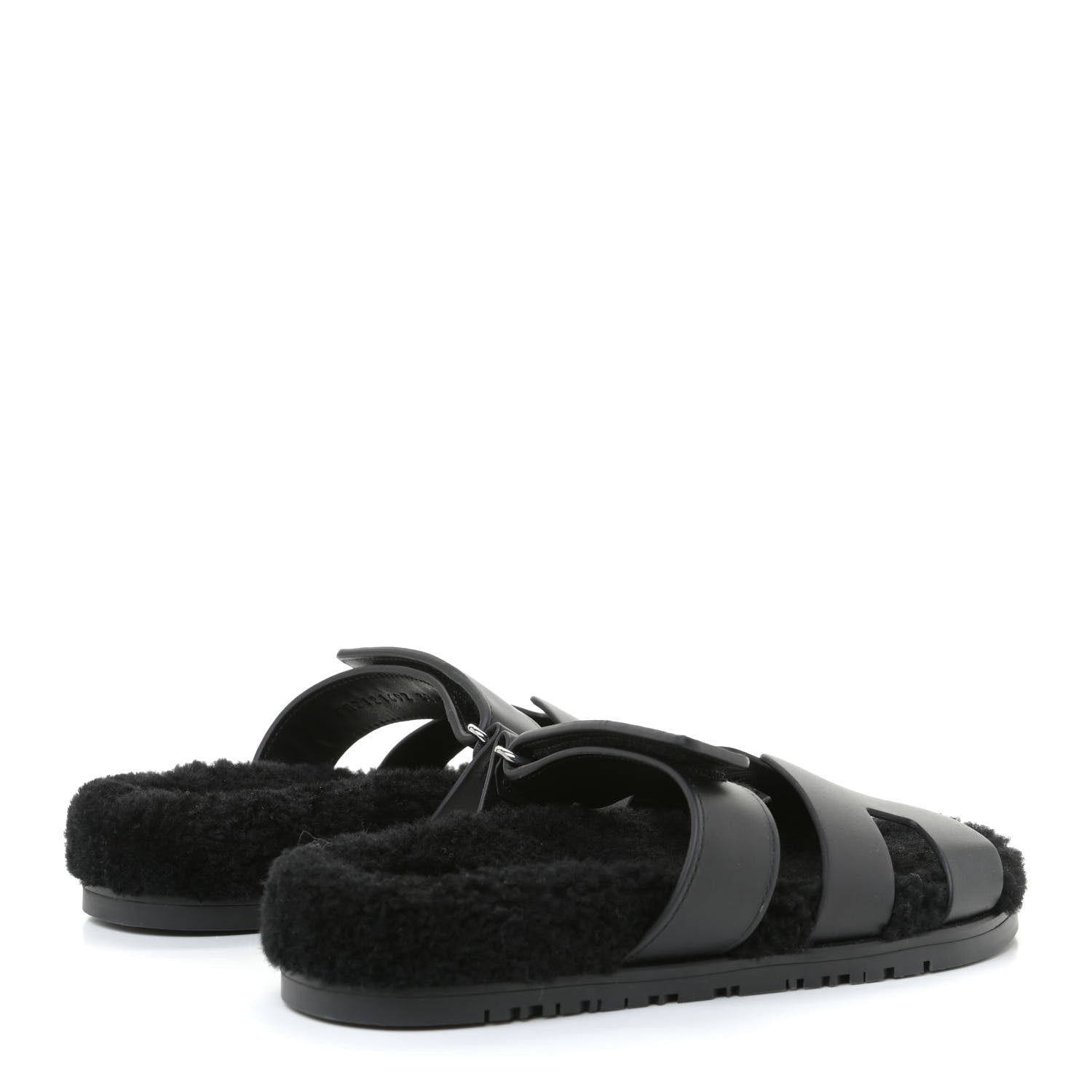 Hermes Calfskin Woolskin Womens Chypre Sandals 37 Black 3 of 10