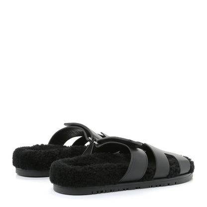 Hermes Calfskin Woolskin Womens Chypre Sandals 37 Black 3 of 10