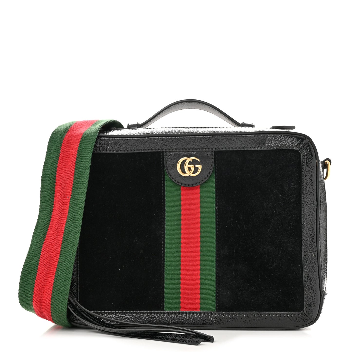 Suede Patent Web Small Ophidia Top Handle Shoulder Bag Black