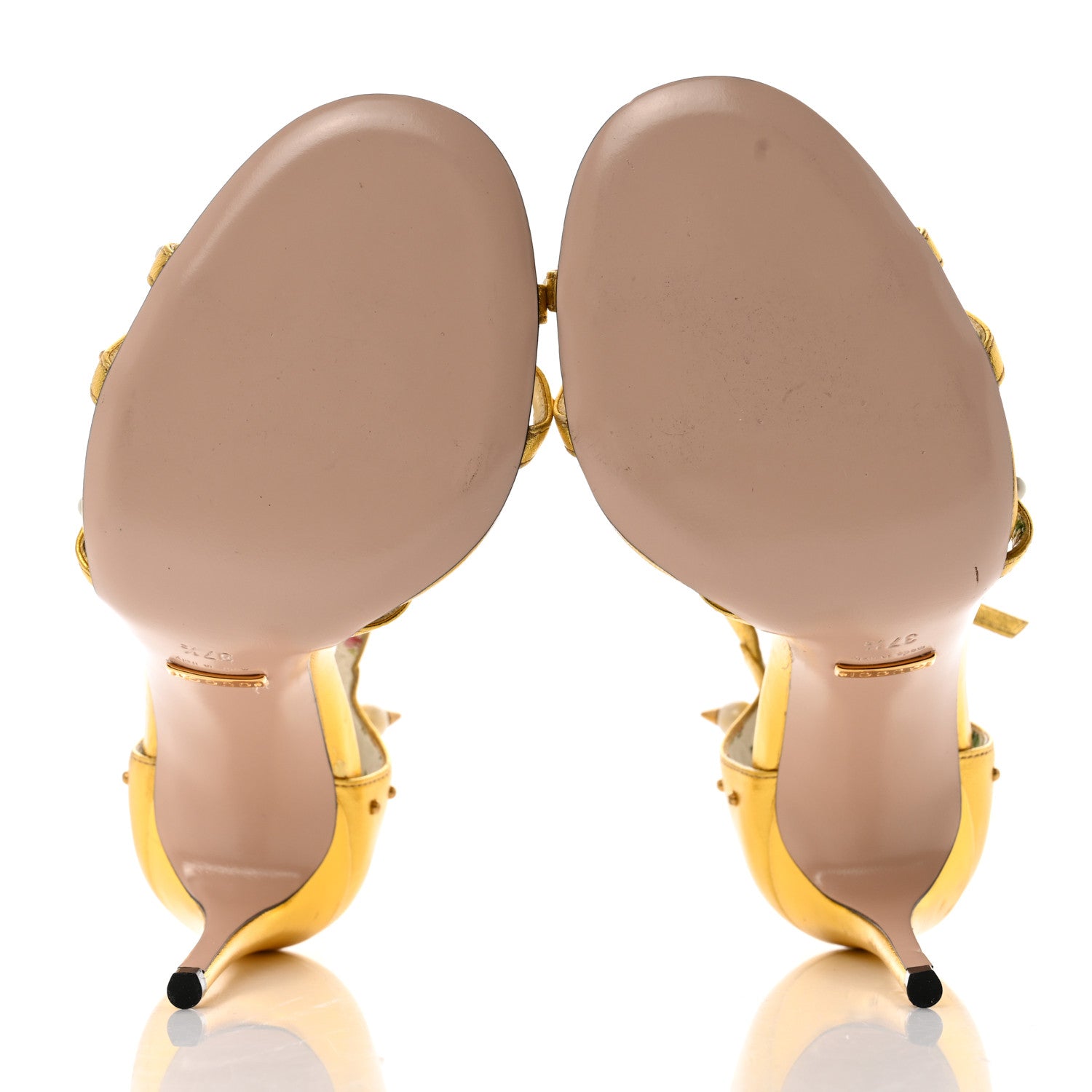 Gucci Metallic Nappa Silk Pearl Studded Regina T-Strap High Heel Sandals 37.5 Oro Vecchio 5 of 8