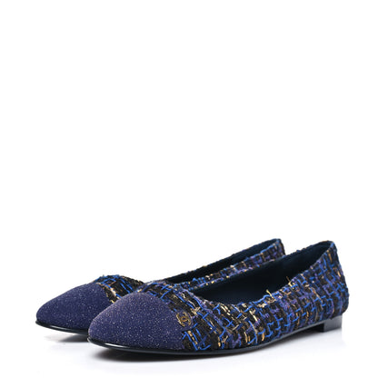 Chanel Tweed Lambskin Cap Toe Ballerina Flats 40 Navy Blue Black 4 of 8