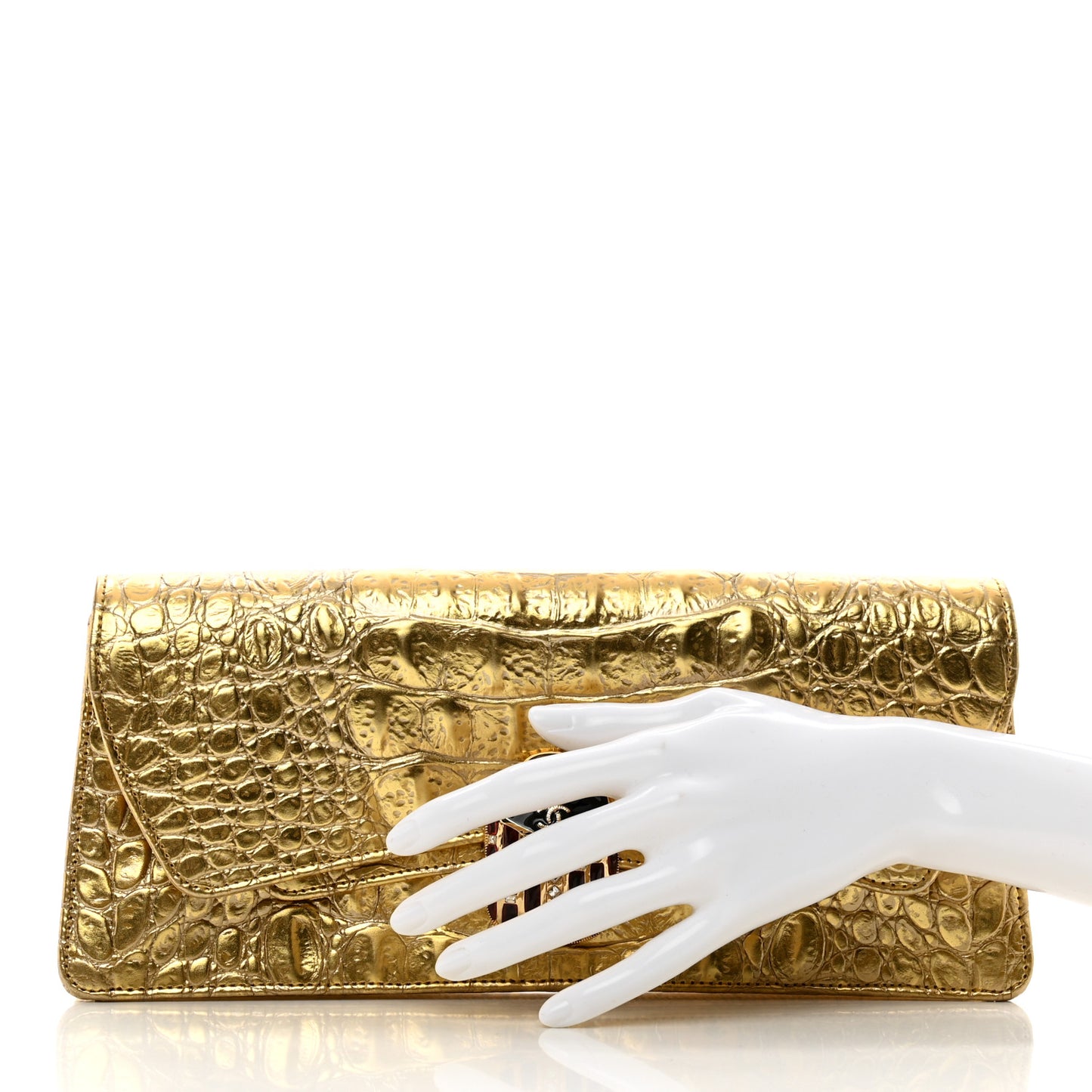 Metallic Calfskin Crocodile Embossed Cocodile Clutch Gold