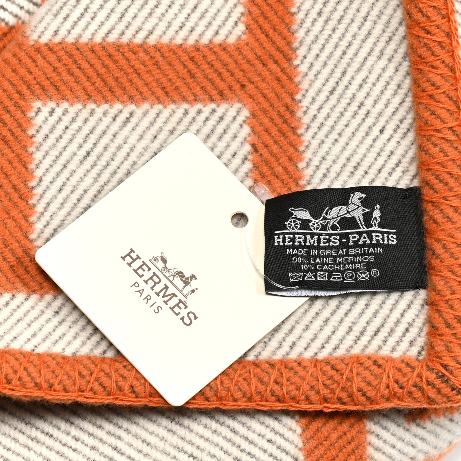 Hermes Wool Cashmere Signature Classic Avalon Blanket Ecru Potiron 3 of 3