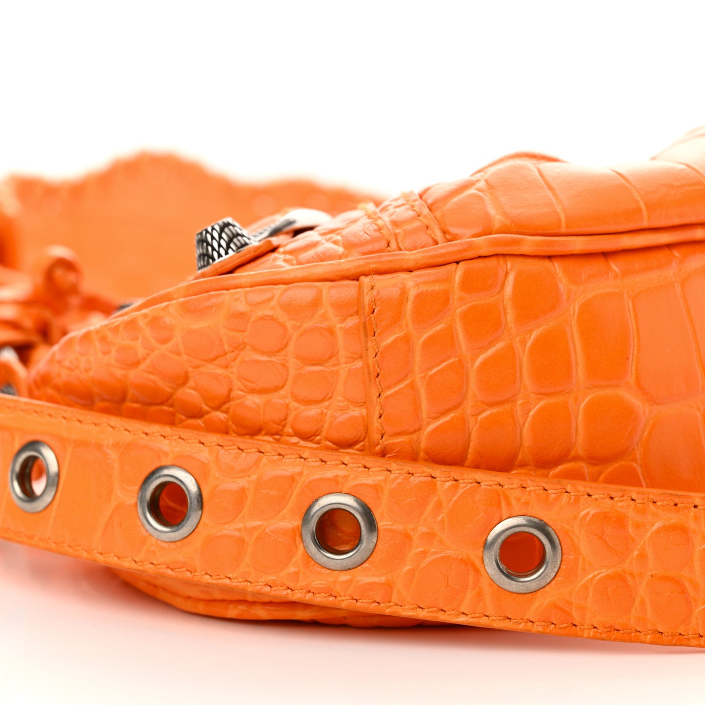 Extra Supple Calfskin Crocodile Embossed Le Cagole Shoulder Bag XS Pop Orange