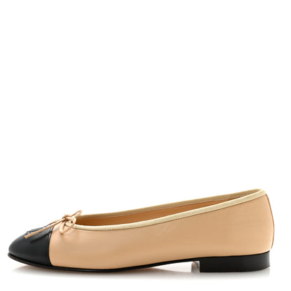 Chanel Lambskin Cap Toe CC Ballerina Flats 36.5 Beige Black 1 of 10