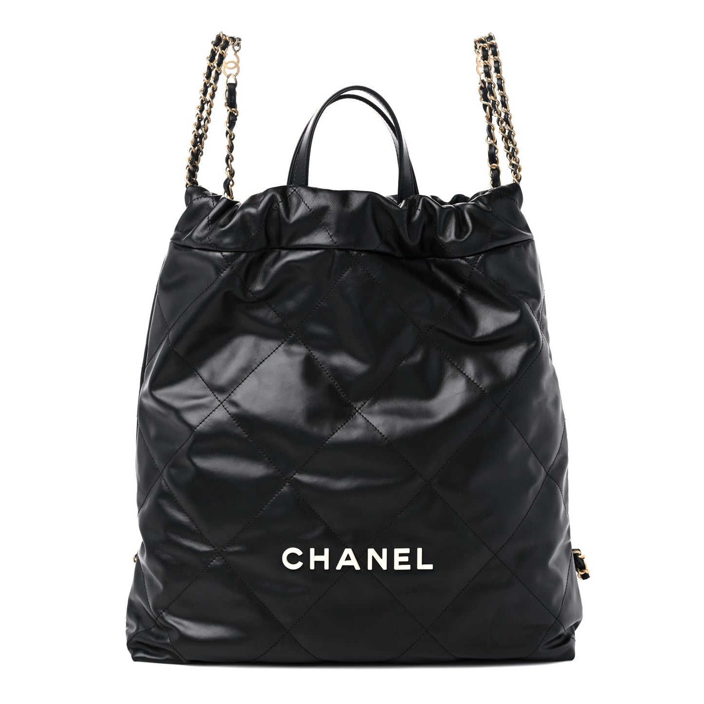 Shiny Calfskin Quilted Chanel 22 Backpack Black