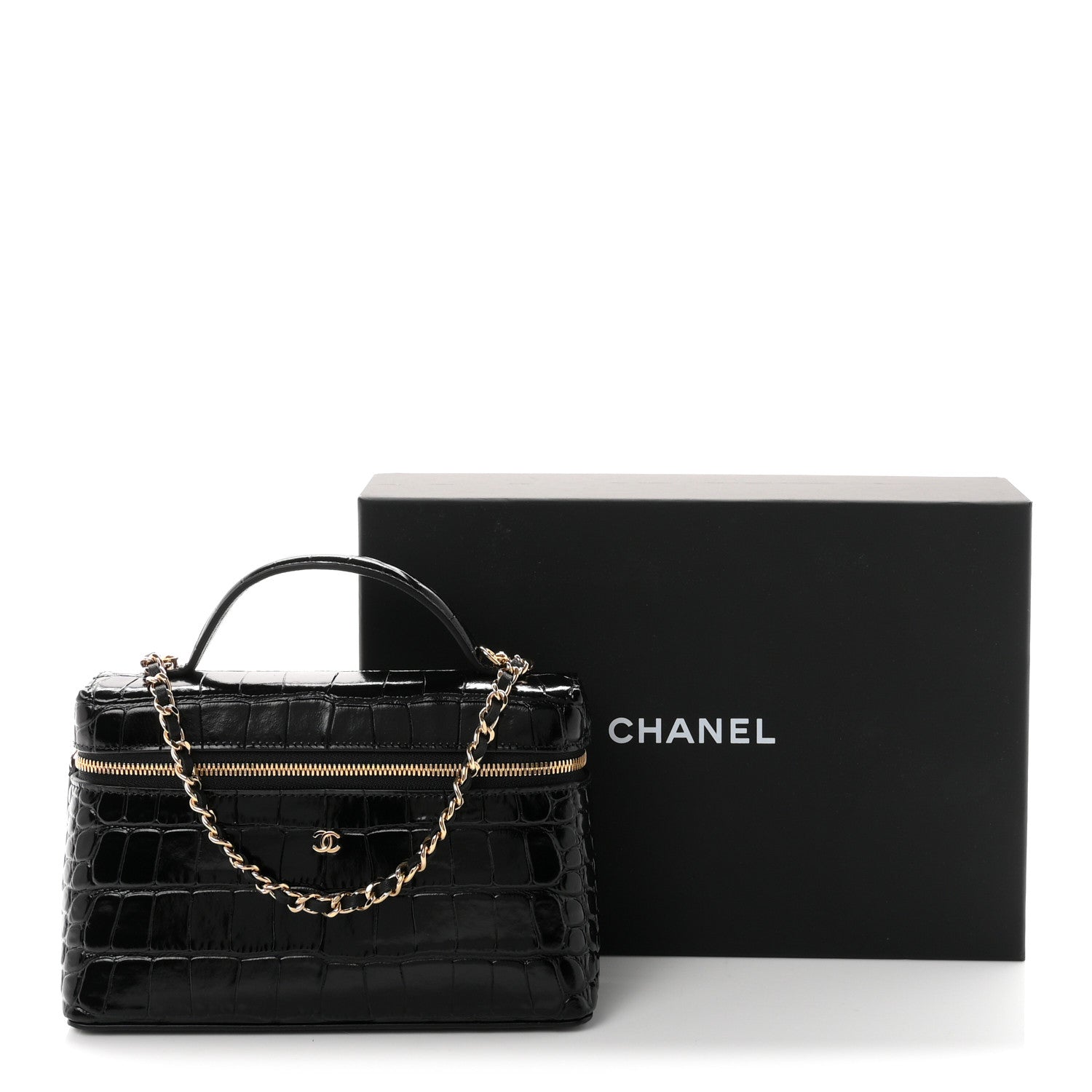 Chanel Calfskin Crocodile Embossed Crococo Top Handle Slim Vanity Case With Chain Black 11 of 11