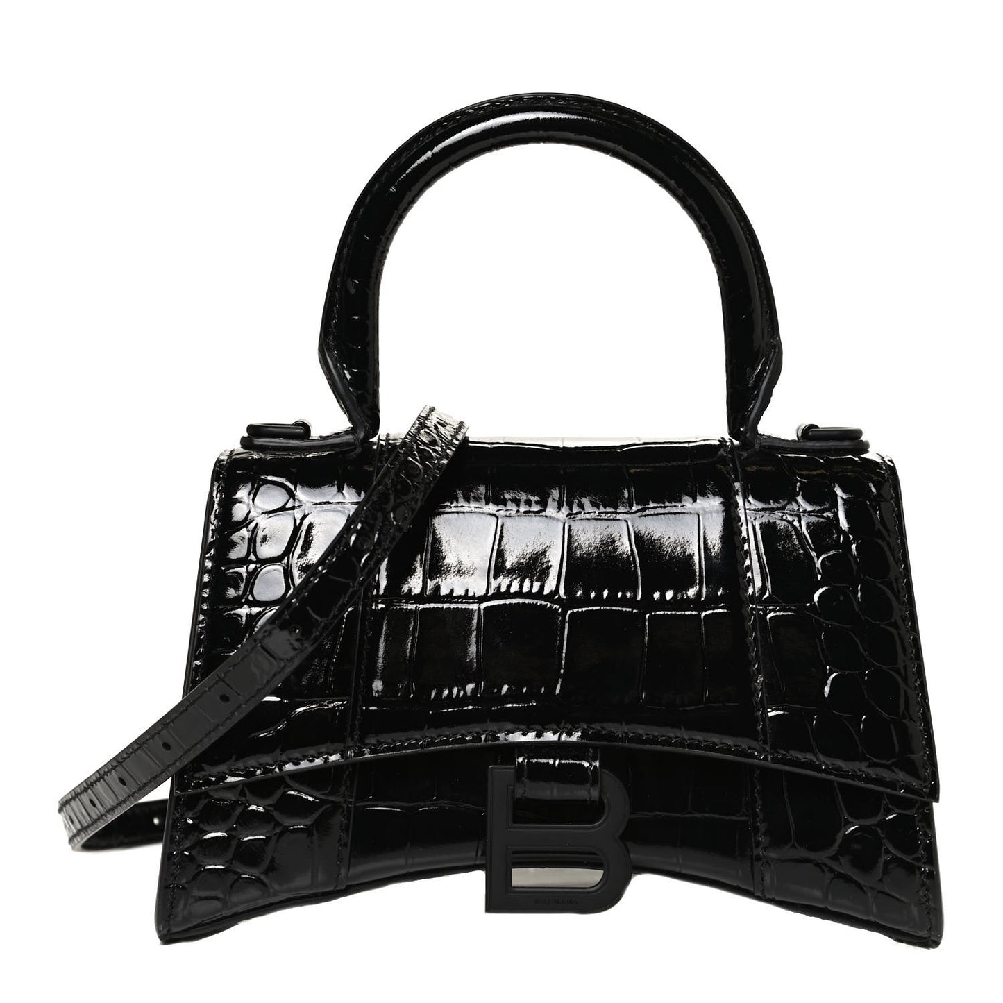Shiny Calfskin Monochrome Crocodile Embossed Hourglass Top Handle Bag XS Black