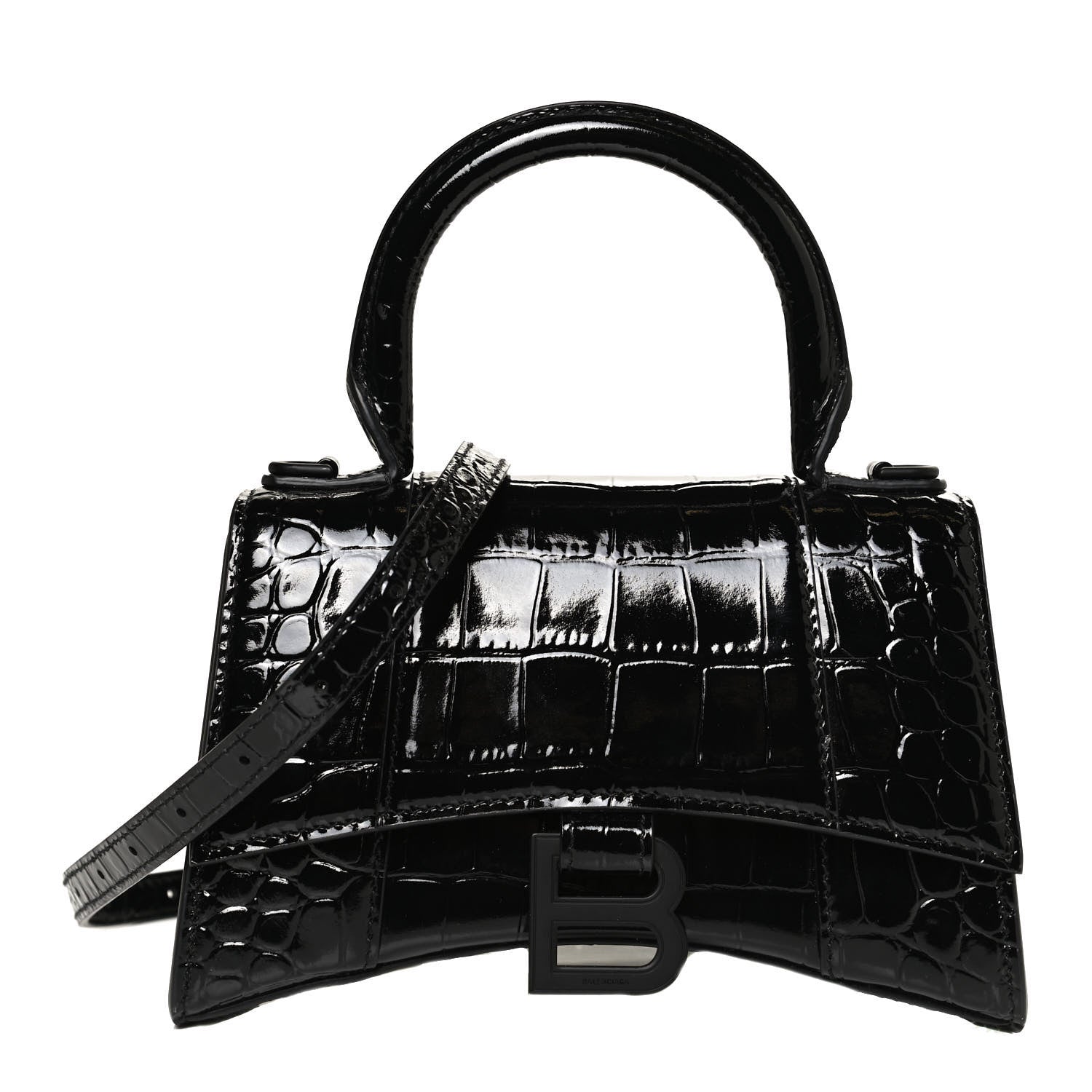 Balenciaga Shiny Calfskin Monochrome Crocodile Embossed Hourglass Top Handle Bag XS Black 1 of 11