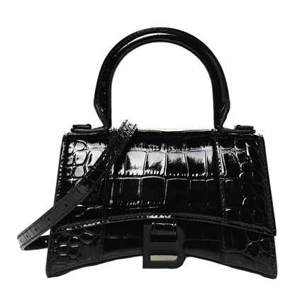 Balenciaga Shiny Calfskin Monochrome Crocodile Embossed Hourglass Top Handle Bag XS Black 1 of 11