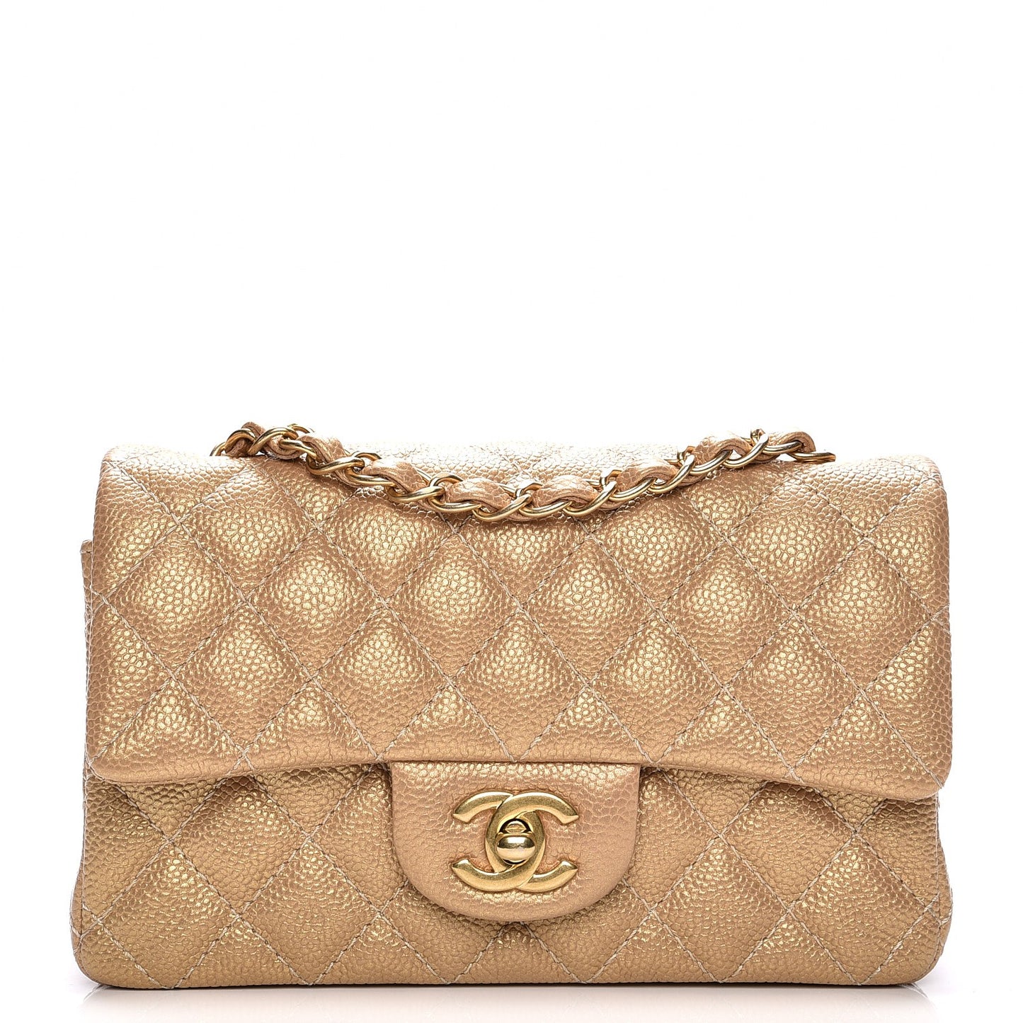 Pearly Caviar Quilted Mini Rectangular Flap Gold
