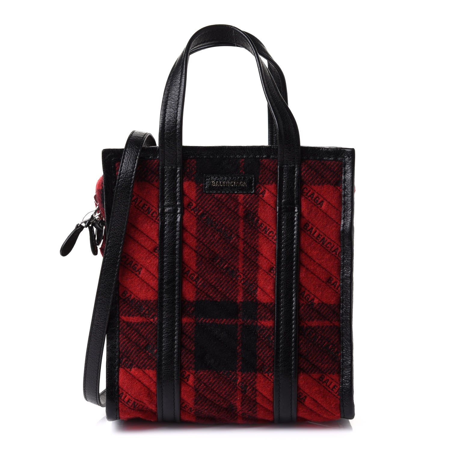 Balenciaga Wool Cuir Arena Plaid Diagonal Allover Logo Matelasse XS Bazar Shopper Tote Red Black 1 of 10