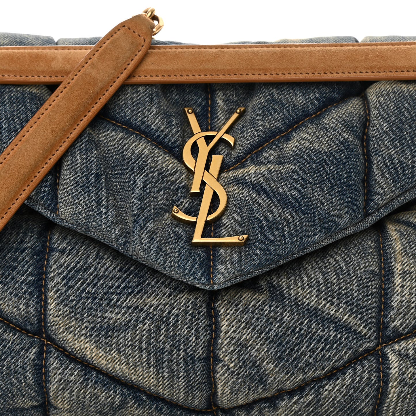 Denim Quilted Small Loulou Puffer Monogram Chain Satchel Blue Cinnamon