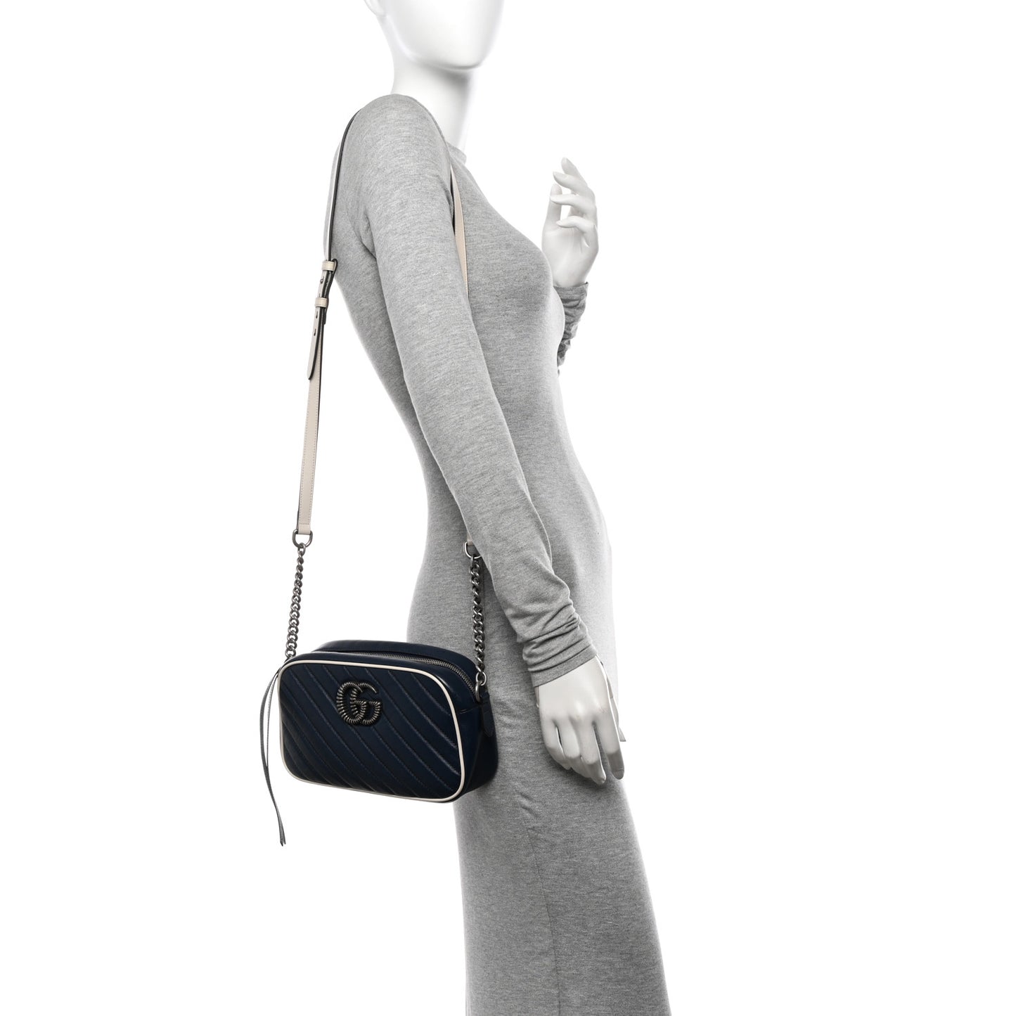 Vintage Effect Calfskin Matelasse Diagonal Small Torchon GG Marmont Chain Shoulder Bag Blue Agata Mystic White
