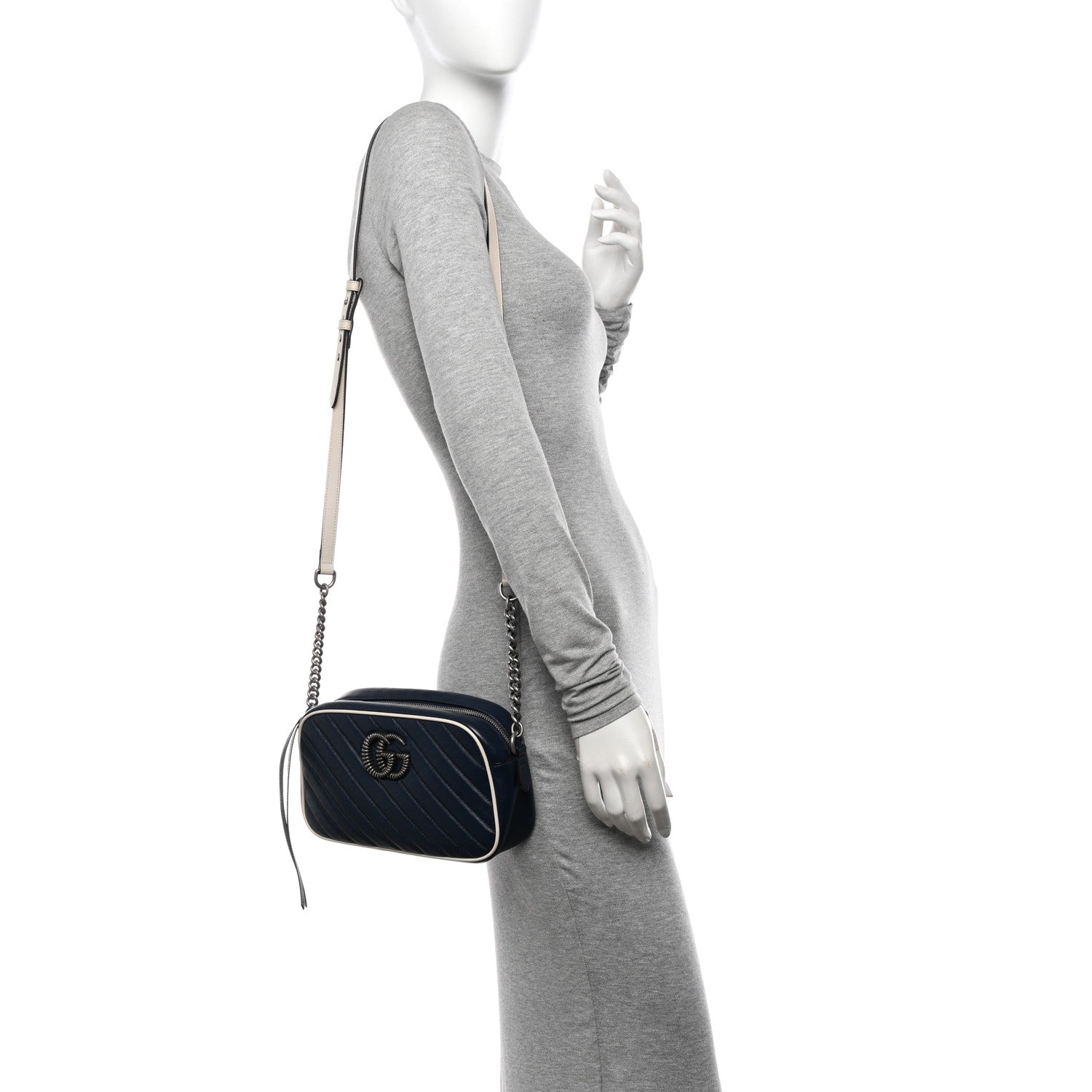 Gucci Vintage Effect Calfskin Matelasse Diagonal Small Torchon GG Marmont Chain Shoulder Bag Blue Agata Mystic White 2 of 11
