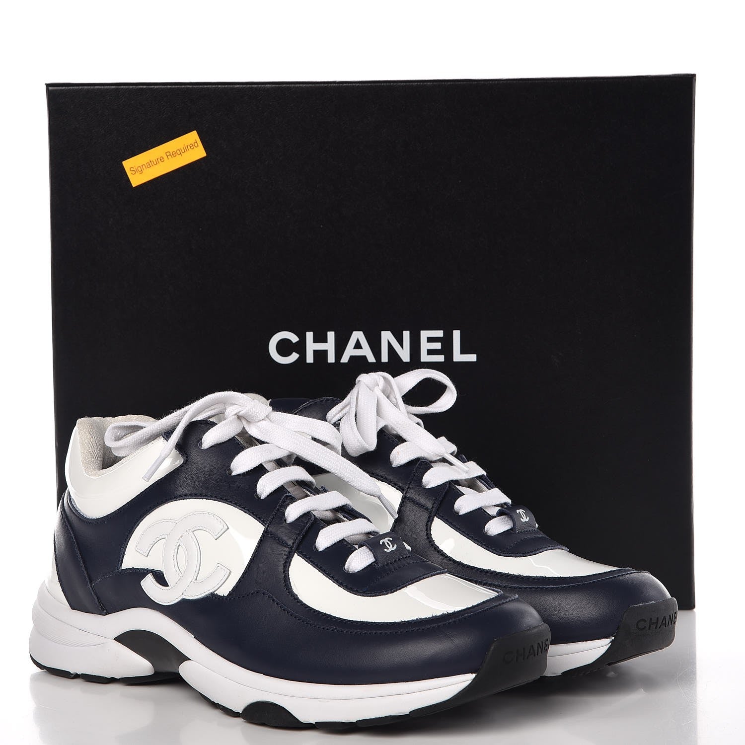 Chanel Patent Calfskin CC Sneakers 37.5 Navy White 11 of 11