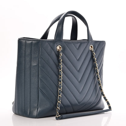 Chanel Metallic Calfskin Chevron Quilted Statement Shopping Bag Blue 10 of 14