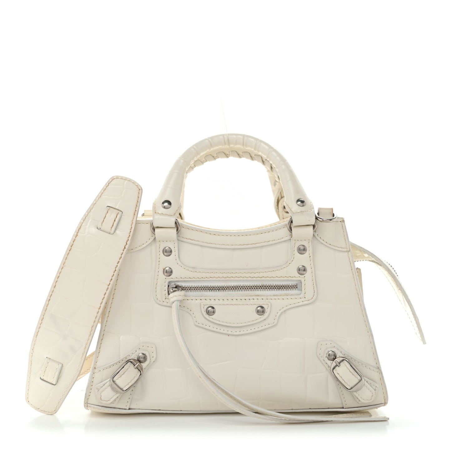 Semi Shiny Calfskin Crocodile Embossed Neo Classic Silver Hardware Nano City Crossbody White